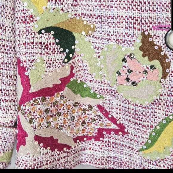Kenzie Magenta Pink Textured Tweed Colorful Sequins Beads Abstract Design Blazer - Picture 3 of 16